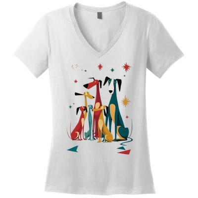 Mid Century Long Neck Dogs 50s 60s Style Women's V-Neck T-Shirt