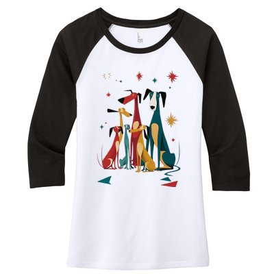 Mid Century Long Neck Dogs 50s 60s Style Women's Tri-Blend 3/4-Sleeve Raglan Shirt