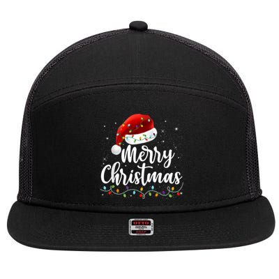 Merry Christmas Lights Red Santa Hat Xmas Family 7 Panel Mesh Trucker Snapback Hat