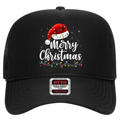 Merry Christmas Lights Red Santa Hat Xmas Family High Crown Mesh Back Trucker Hat