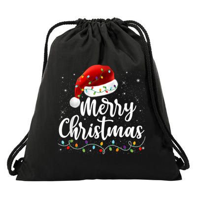 Merry Christmas Lights Red Santa Hat Xmas Family Drawstring Bag