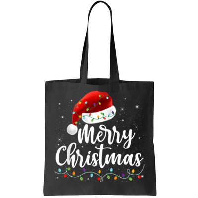 Merry Christmas Lights Red Santa Hat Xmas Family Tote Bag