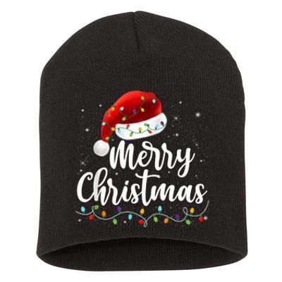 Merry Christmas Lights Red Santa Hat Xmas Family Short Acrylic Beanie