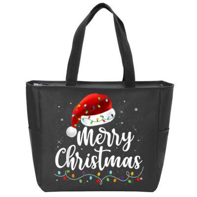 Merry Christmas Lights Red Santa Hat Xmas Family Zip Tote Bag