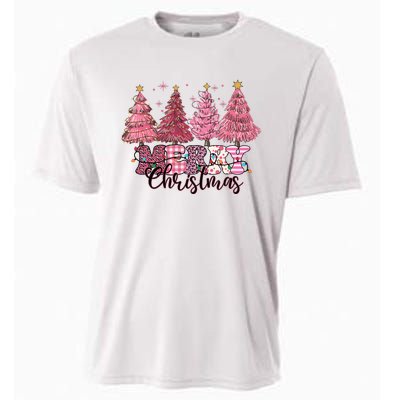 Merry Christmas Lights Pink Tree Gift Xmas Holidays Cooling Performance Crew T-Shirt