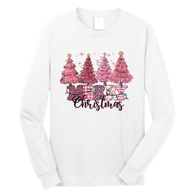 Merry Christmas Lights Pink Tree Gift Xmas Holidays Long Sleeve Shirt