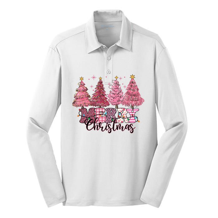 Merry Christmas Lights Pink Tree Gift Xmas Holidays Silk Touch Performance Long Sleeve Polo