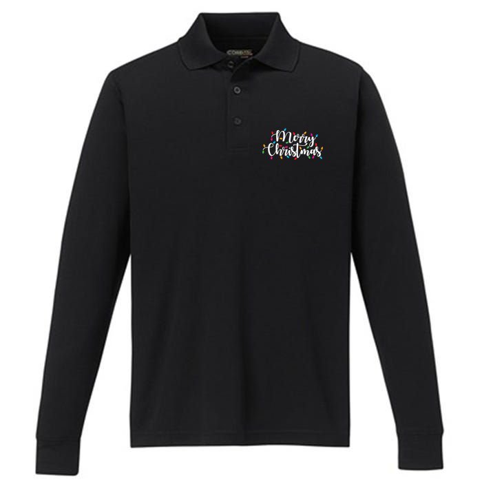 Merry Christmas Lights Red Xmas Family Performance Long Sleeve Polo