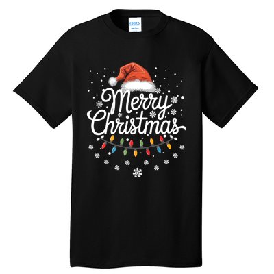 Merry Christmas Lights Red Santa Hat Xmas Family Tall T-Shirt