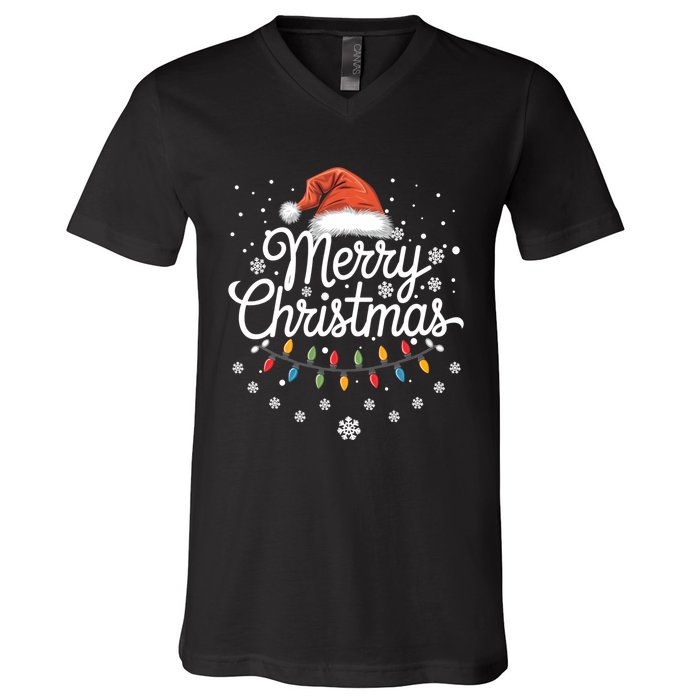 Merry Christmas Lights Red Santa Hat Xmas Family V-Neck T-Shirt