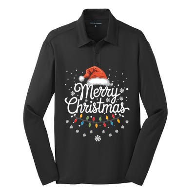 Merry Christmas Lights Red Santa Hat Xmas Family Silk Touch Performance Long Sleeve Polo