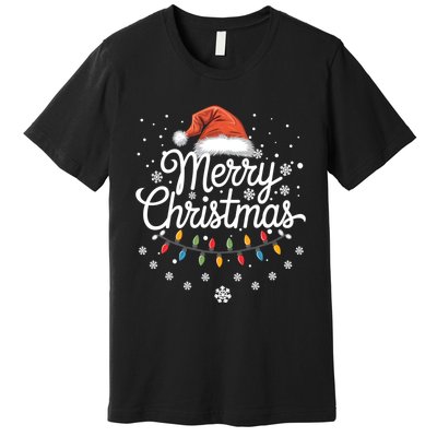 Merry Christmas Lights Red Santa Hat Xmas Family Premium T-Shirt