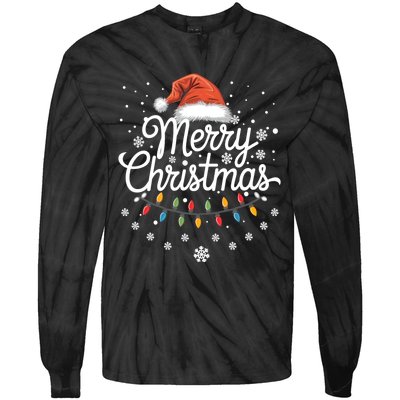 Merry Christmas Lights Red Santa Hat Xmas Family Tie-Dye Long Sleeve Shirt