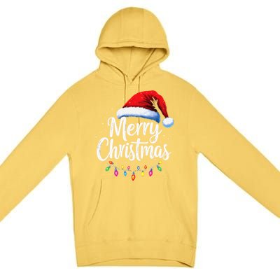 Merry Christmas Lights Red Santa Hat Xmas Family Premium Pullover Hoodie