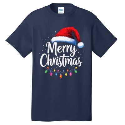 Merry Christmas Lights Red Santa Hat Xmas Family Tall T-Shirt