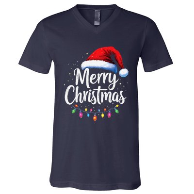 Merry Christmas Lights Red Santa Hat Xmas Family V-Neck T-Shirt