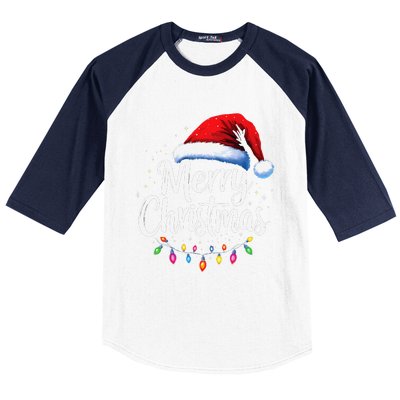 Merry Christmas Lights Red Santa Hat Xmas Family Baseball Sleeve Shirt