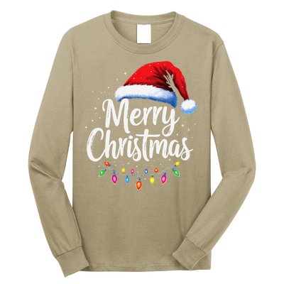 Merry Christmas Lights Red Santa Hat Xmas Family Long Sleeve Shirt