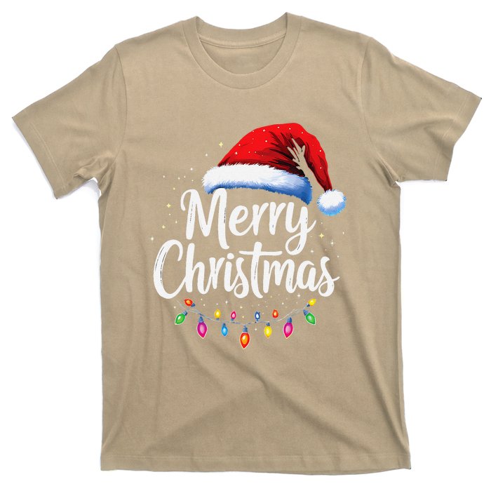 Merry Christmas Lights Red Santa Hat Xmas Family T-Shirt