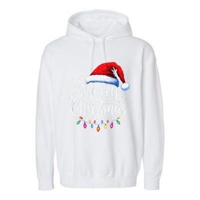 Merry Christmas Lights Red Santa Hat Xmas Family Garment-Dyed Fleece Hoodie