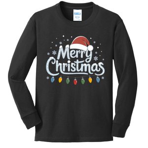 Merry Christmas Lights Red Santa Hat Xmas Family Kids Long Sleeve Shirt