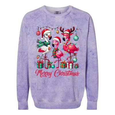 Merry Christmas Lights Flamingo Santa Hat Snow Xmas Pajamas Colorblast Crewneck Sweatshirt