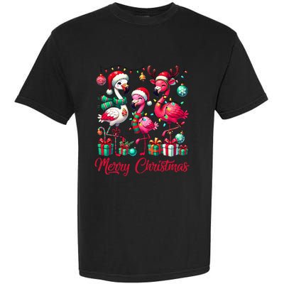 Merry Christmas Lights Flamingo Santa Hat Snow Xmas Pajamas Garment-Dyed Heavyweight T-Shirt