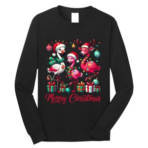 Merry Christmas Lights Flamingo Santa Hat Snow Xmas Pajamas Long Sleeve Shirt