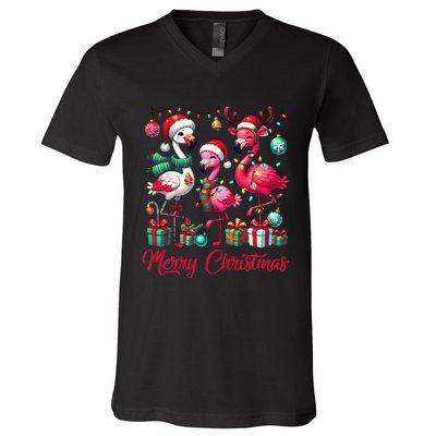 Merry Christmas Lights Flamingo Santa Hat Snow Xmas Pajamas V-Neck T-Shirt