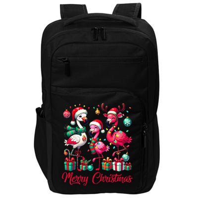 Merry Christmas Lights Flamingo Santa Hat Snow Xmas Pajamas Impact Tech Backpack