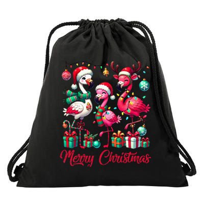 Merry Christmas Lights Flamingo Santa Hat Snow Xmas Pajamas Drawstring Bag