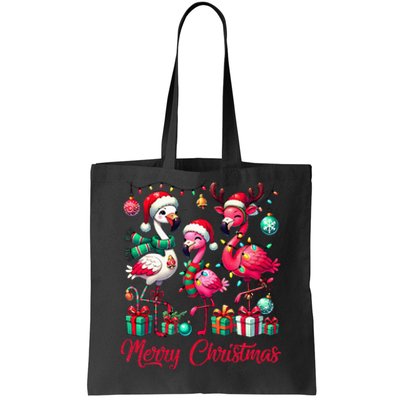 Merry Christmas Lights Flamingo Santa Hat Snow Xmas Pajamas Tote Bag