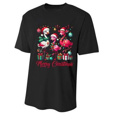 Merry Christmas Lights Flamingo Santa Hat Snow Xmas Pajamas Performance Sprint T-Shirt