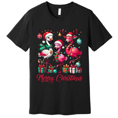 Merry Christmas Lights Flamingo Santa Hat Snow Xmas Pajamas Premium T-Shirt