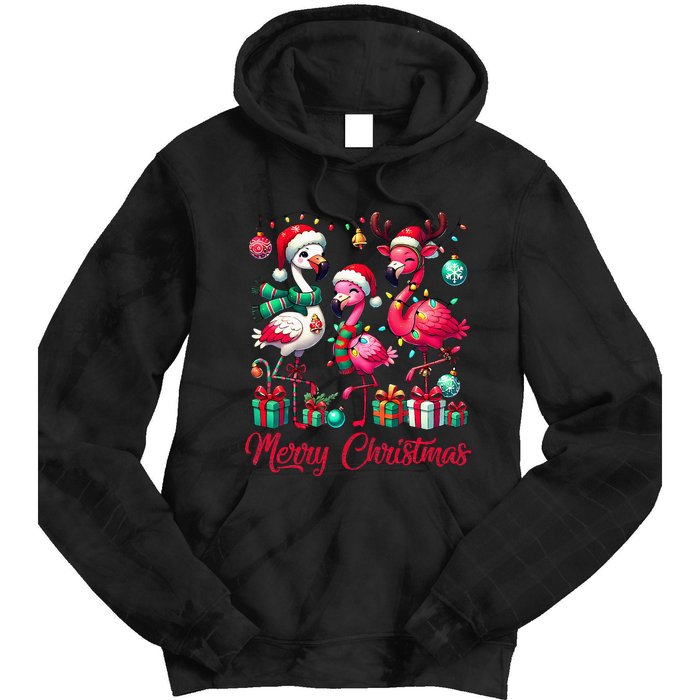 Merry Christmas Lights Flamingo Santa Hat Snow Xmas Pajamas Tie Dye Hoodie