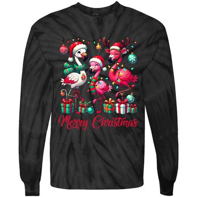 Merry Christmas Lights Flamingo Santa Hat Snow Xmas Pajamas Tie-Dye Long Sleeve Shirt