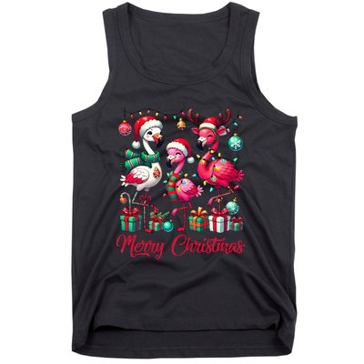 Merry Christmas Lights Flamingo Santa Hat Snow Xmas Pajamas Tank Top