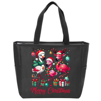 Merry Christmas Lights Flamingo Santa Hat Snow Xmas Pajamas Zip Tote Bag