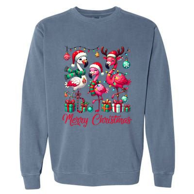 Merry Christmas Lights Flamingo Santa Hat Snow Xmas Pajamas Garment-Dyed Sweatshirt