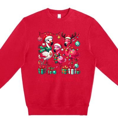 Merry Christmas Lights Flamingo Santa Hat Snow Xmas Pajamas Premium Crewneck Sweatshirt