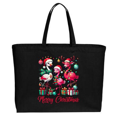 Merry Christmas Lights Flamingo Santa Hat Snow Xmas Pajamas Cotton Canvas Jumbo Tote