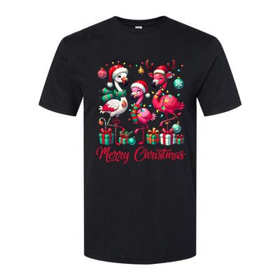 Merry Christmas Lights Flamingo Santa Hat Snow Xmas Pajamas Softstyle CVC T-Shirt