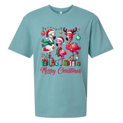 Merry Christmas Lights Flamingo Santa Hat Snow Xmas Pajamas Sueded Cloud Jersey T-Shirt