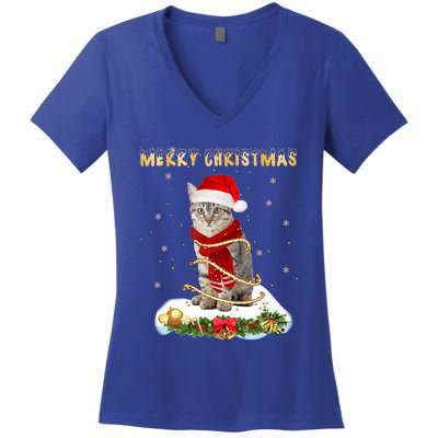 Merry Christmas Love Cat Cat Wearing A Santa Hat Meaningful Gift Women's V-Neck T-Shirt