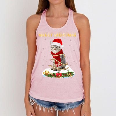 Merry Christmas Love Cat Cat Wearing A Santa Hat Meaningful Gift Women's Knotted Racerback Tank