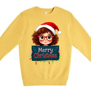 Merry Christmas Lights Red Santa Hat Xmas Cute Girl Premium Crewneck Sweatshirt