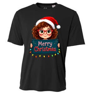 Merry Christmas Lights Red Santa Hat Xmas Cute Girl Cooling Performance Crew T-Shirt