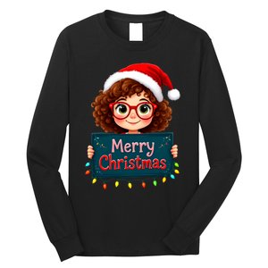 Merry Christmas Lights Red Santa Hat Xmas Cute Girl Long Sleeve Shirt