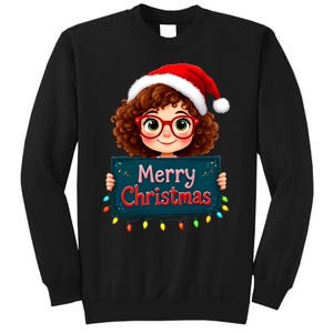 Merry Christmas Lights Red Santa Hat Xmas Cute Girl Sweatshirt