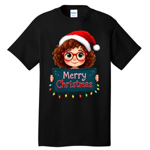 Merry Christmas Lights Red Santa Hat Xmas Cute Girl Tall T-Shirt